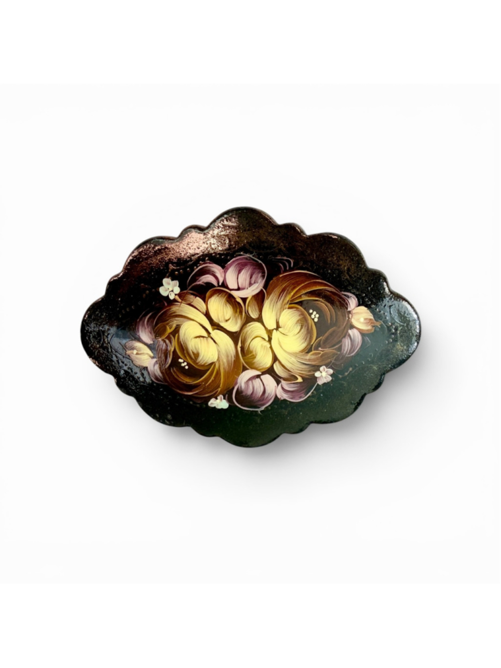 Vintage Russian Hand Painted Lacquer Brooch, Black Floral Folk Art Pin, Peony